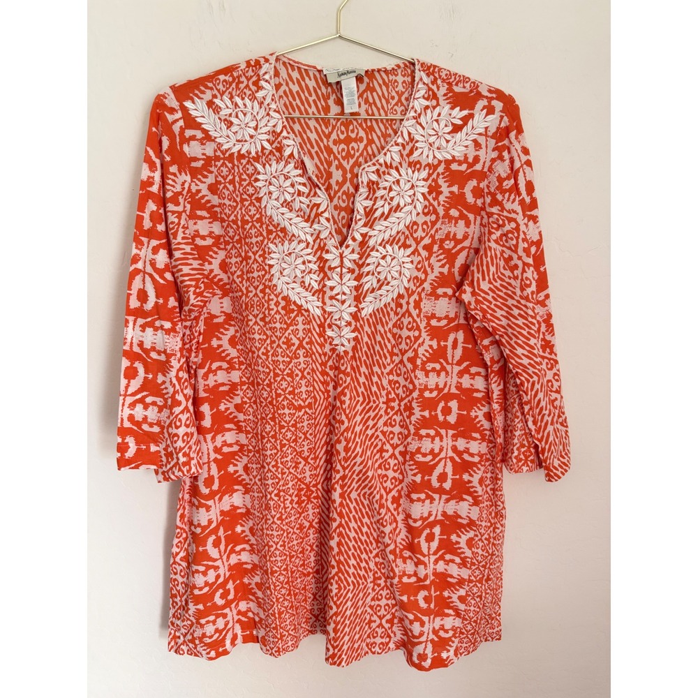 Oscar de la Renta Neiman Marcus Orange Ikat Embroidered 100% Cotton Tunic Top L